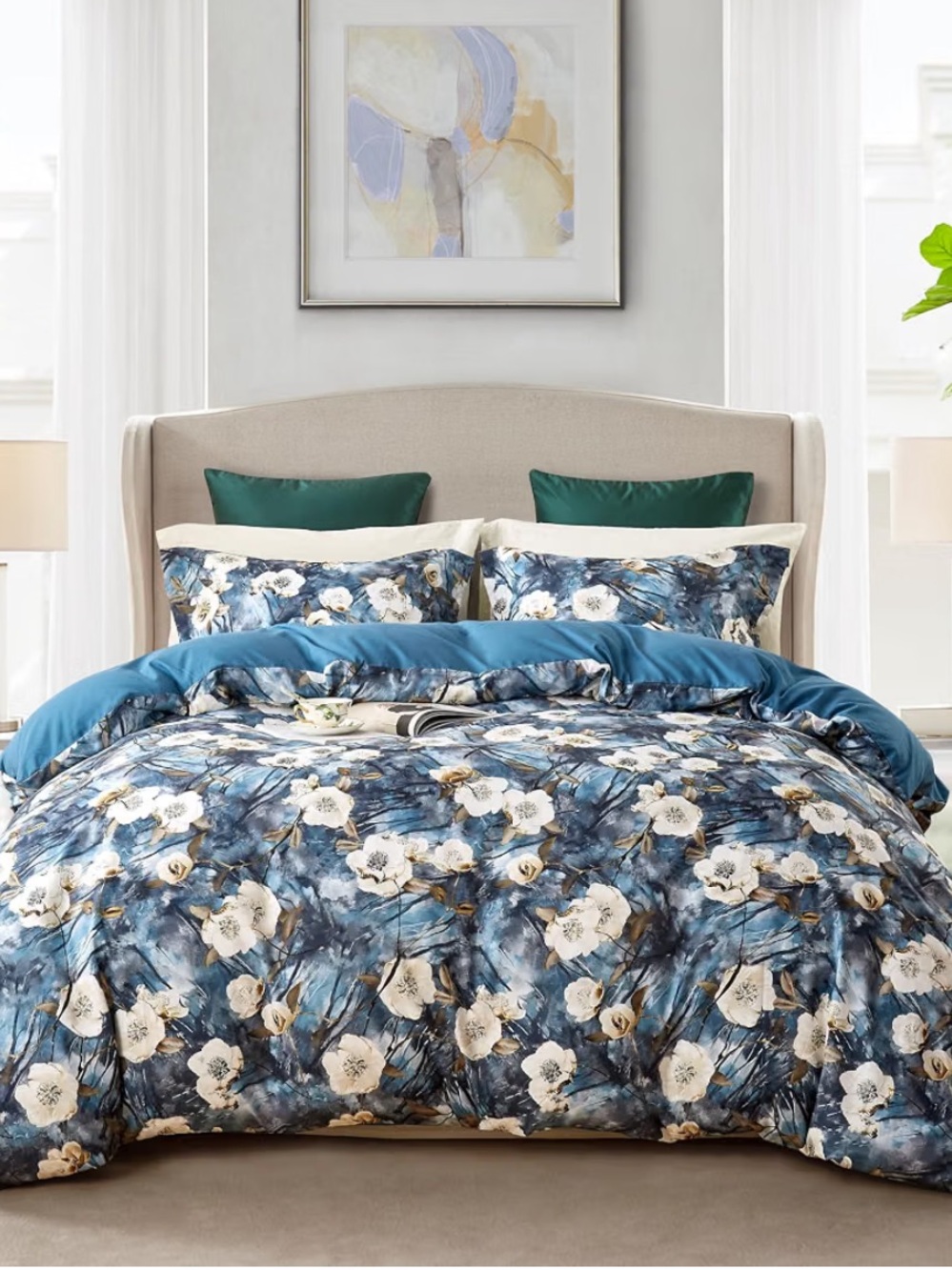 Blue Boho Floral Queen Duvet Cover Set